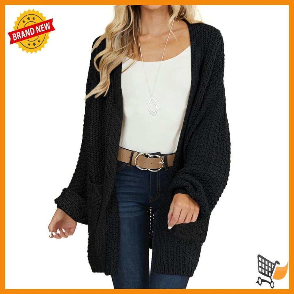 Oversized Chunky Knit Cardigan Lantern Sleeves Open Front Fall